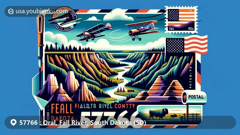 Modern illustration of Oral, Fall River County, South Dakota, highlighting Black Hills National Forest and Badlands National Park landscapes with canyons and pinnacles, featuring archaeological sites and postal theme with ZIP code 57766.