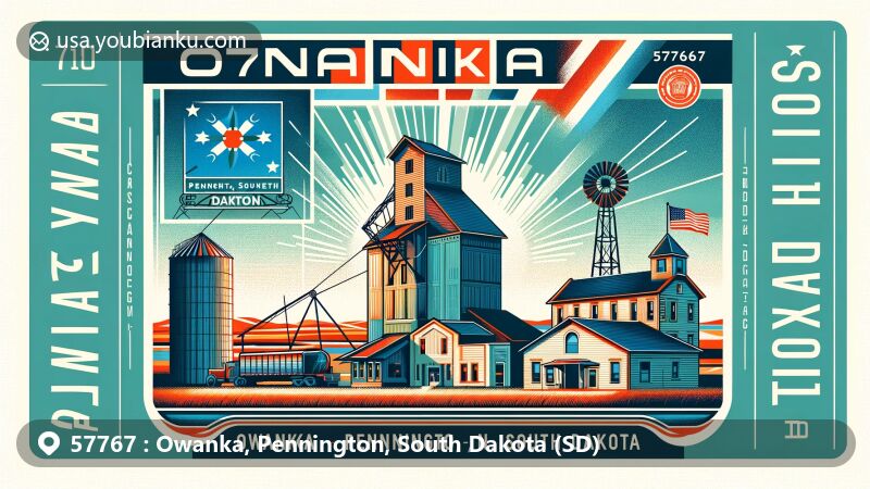 Contemporary postcard-style illustration of Owanka, Pennington, South Dakota, highlighting ZIP code 57767, showcasing historical landmarks like grain elevator and community hall against South Dakota landscape.
