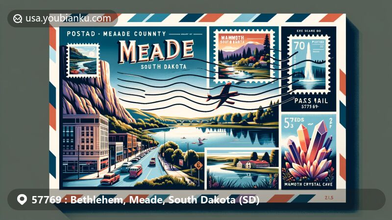 Illustration of Meade County, South Dakota, showcasing natural scenery of lakes and valleys, street scenes of Piedmont, and the historic Mammoth Crystal Cave. The artwork resembles a postcard or airmail envelope with stamps and postmarks.