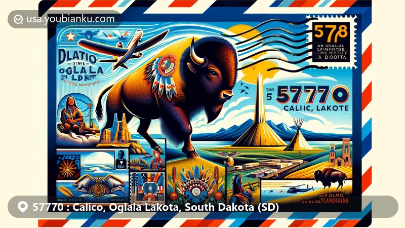 Artistic illustration of Calico, Oglala Lakota, South Dakota, featuring ZIP code 57770 with a postal theme: air mail envelope background showcasing region's icons - Crazy Horse Memorial, Bear Butte State Park, Oglala Lakota Living History Village, and bison.