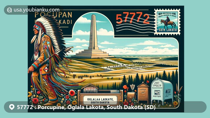 Modern illustration of ZIP Code 57772 (Porcupine, Oglala Lakota, South Dakota, USA), featuring Crazy Horse Memorial, Porcupine Butte, and traditional Lakota culture, with postal elements and scenic landscape.