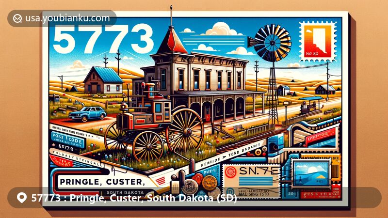 Creative depiction of Pringle, Custer, South Dakota, showcasing stage station buildings, old landmarks, and a bicycle sculpture, reflecting the town's historic and present-day features. Incorporates postal theme with ZIP code 57773, postmarks, stamps, and South Dakota landscape.