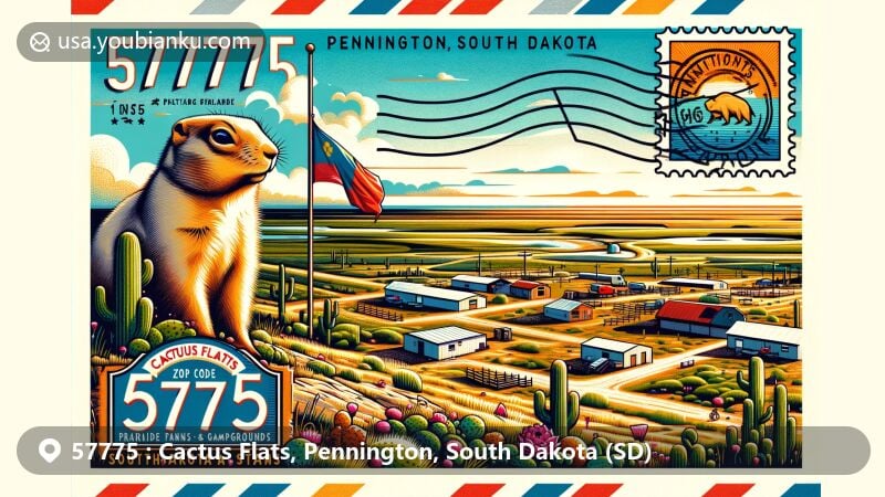Modern illustration of Cactus Flats, Pennington County, South Dakota, featuring unique prairie dog towns, campgrounds, and South Dakota state flag, encapsulating the character of this unincorporated community with a postal theme.