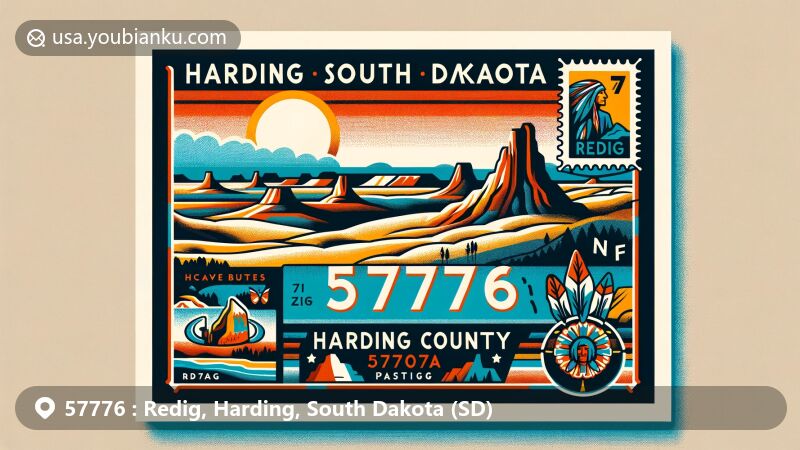 Modern illustration of Redig, Harding County, South Dakota, showcasing natural beauty with Slim Buttes and Cave Hills, and incorporating elements of Native American culture.