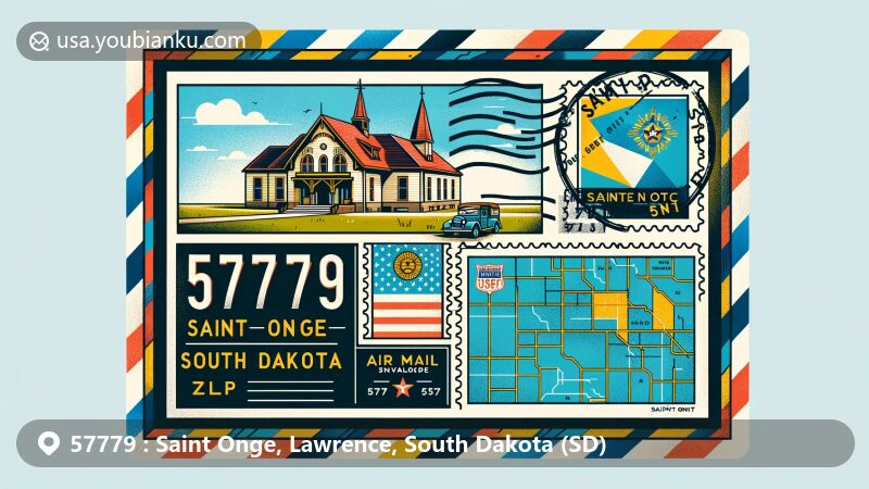 Modern illustration of Saint Onge, Lawrence County, South Dakota, featuring ZIP code 57779, with map outline, Woodmen Hall, and South Dakota flag, postal elements like stamp and postmark included.