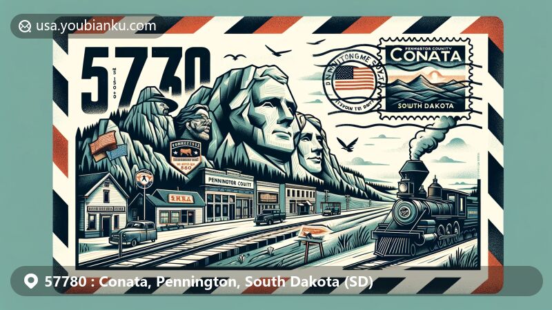Vintage-style illustration of Conata area, Pennington County, South Dakota, with ZIP code 57780, featuring Mount Rushmore, Black Hills, Milwaukee Railroad, South Dakota flag, and a touch of ghost town history.