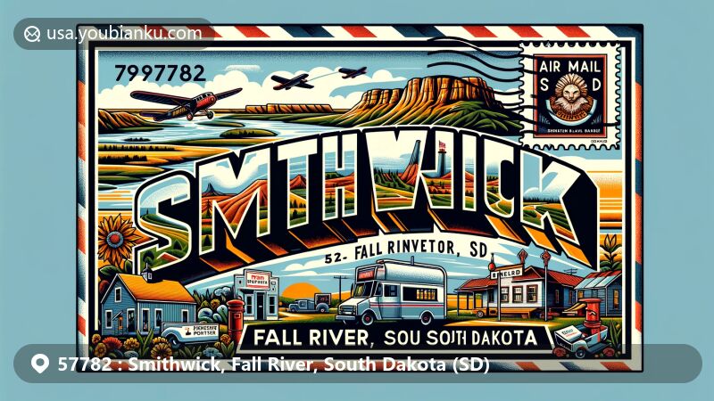 Modern illustration of Smithwick, Fall River County, South Dakota (SD) with ZIP code 57782, in a postcard or air mail envelope style. Features iconic landmarks like the Black Hills, local postal service elements, and the picturesque South Dakota landscape.