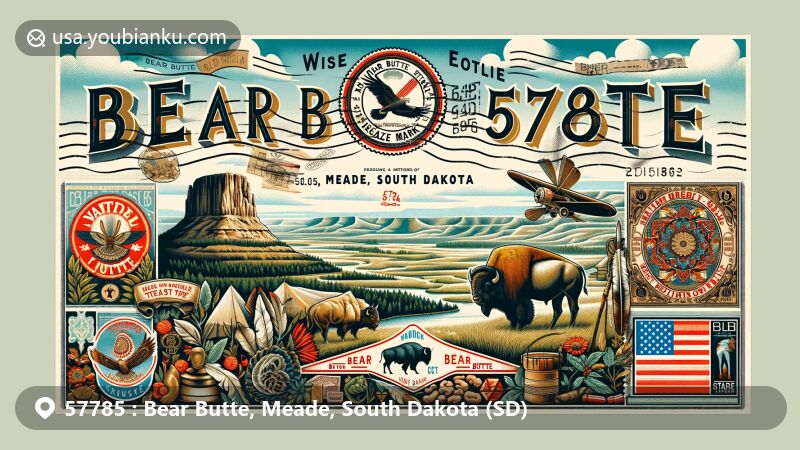 Modern illustration of Bear Butte, Meade, South Dakota, featuring vintage airmail envelope with ZIP code 57785, showcasing Bear Butte State Park and Native American symbols.
