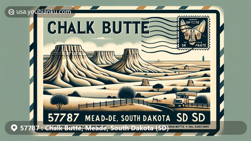 Modern illustration of Chalk Butte, Meade area in South Dakota, featuring Thunder Butte and Bear Butte State Park, with vintage airmail theme and ZIP Code 57787.