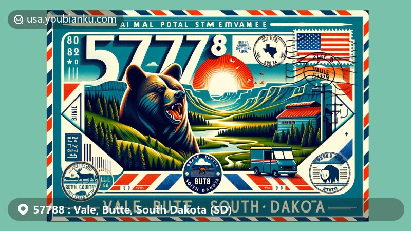 Creative illustration of Vale, Butte, South Dakota, incorporating postal theme with ZIP code 57788, featuring Bear Butte State Park and South Dakota state symbols.