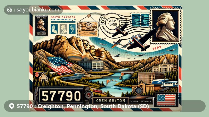 Modern illustration of Creighton, Pennington, South Dakota, featuring a wide format postal-themed artwork with vintage airmail envelope, stamps, postmark, and ZIP Code 57790. Includes iconic landmarks like Mount Rushmore and symbols of the Black Hills National Forest.
