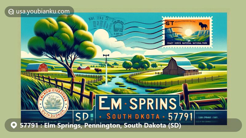 Illustration of Elm Springs, SD 57791, showcasing rural landscapes, iconic landmarks like Crazy Horse Memorial and Wind Cave National Park, and a postage stamp depicting natural beauty.