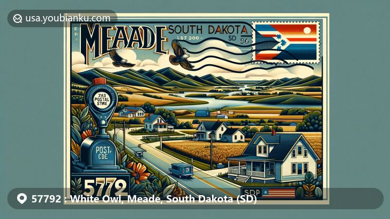 Modern illustration of White Owl, Meade County, South Dakota, highlighting postal theme with ZIP code 57792, featuring rustic village charm, Highway 34, Black Hills backdrop, and South Dakota state flag elements.