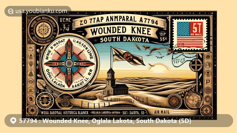 Vintage-style illustration of ZIP Code 57794, Wounded Knee, Oglala Lakota, South Dakota, featuring Wounded Knee National Historic Landmark, South Dakota flag, and Oglala Lakota cultural symbols.