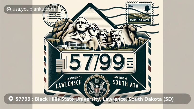 Modern illustration of Black Hills State University in Lawrence, South Dakota, featuring ZIP code 57799 and a vintage airmail envelope design. Includes iconic Mount Rushmore, university emblems, and South Dakota state flag elements.