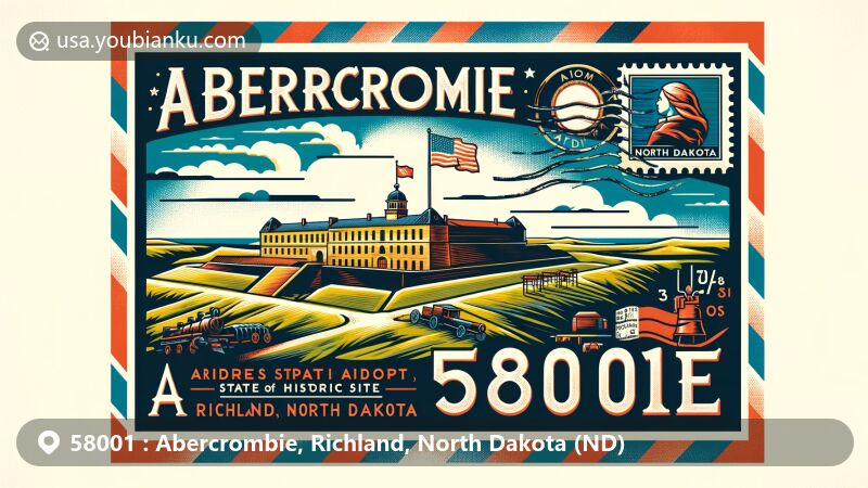 Modern illustration of Abercrombie, Richland County, North Dakota, featuring vintage postcard with Fort Abercrombie State Historic Site, North Dakota flag, and Richland County map outline.