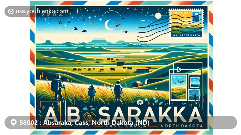 Modern illustration of Absaraka, Cass County, North Dakota, representing the picturesque prairies and hills of the area under a starry sky. The design includes a postcard-like frame with stamps, postmark, and '58002 Absaraka, Cass, North Dakota' text, showcasing outdoor activities like hiking, birdwatching, and canoeing.