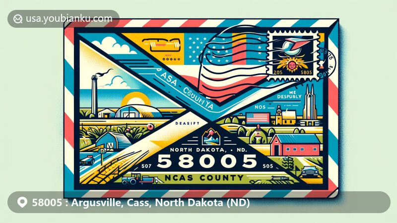 Modern illustration of Argusville, Cass County, North Dakota, with a postal theme showcasing ZIP code 58005 and North Dakota state flag.