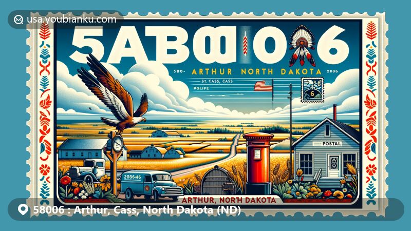 Modern illustration of Arthur, Cass County, North Dakota, capturing rural and agricultural landscape with Native American motifs and postal theme for ZIP code 58006.