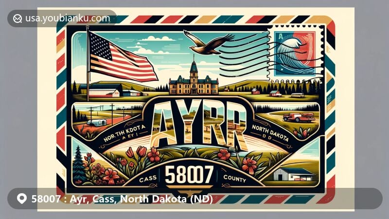Modern illustration of Ayr, Cass County, North Dakota, featuring postal theme with ZIP code 58007, showcasing small-town charm and rural beauty, including North Dakota state flag and local landmarks.