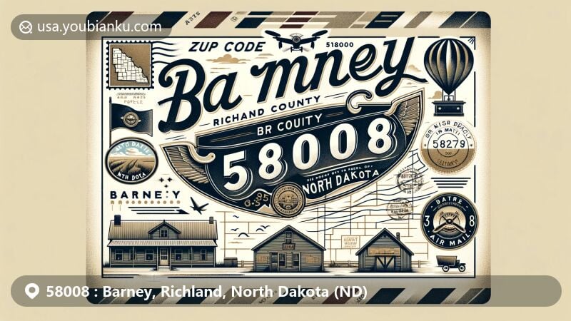 Vintage-style airmail envelope illustration for Barney, Richland County, North Dakota, showcasing ZIP code 58008, featuring Richland County map outline, North Dakota state flag, and local post office symbol.