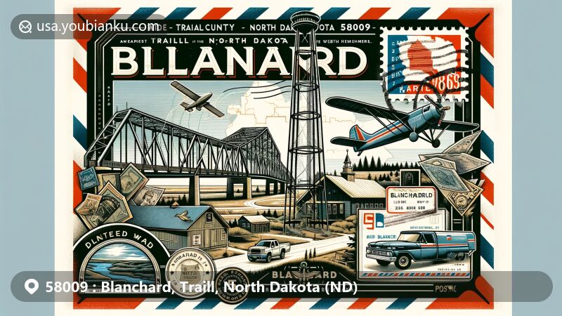 Modern illustration of Blanchard, Traill County, North Dakota, resembling a vintage airmail envelope with KVLY-TV mast and Blanchard Bridge, featuring a postal box, mail truck, and ZIP code 58009.