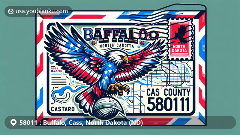 Modern illustration of Buffalo, Cass County, North Dakota, with airmail envelope background, showcasing ZIP code 58011, featuring North Dakota state flag and postal elements.
