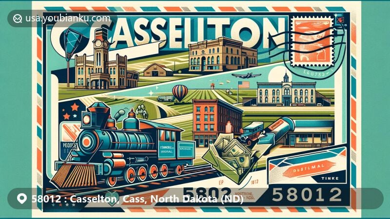 Modern illustration of Casselton, North Dakota, highlighting the historic railroad and agricultural heritage, with a vintage postcard theme and postal elements like a stamp, postmark, ZIP code, and old mailbox.