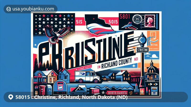Modern illustration of Christine, Richland County, North Dakota, highlighting postal theme with ZIP code 58015, featuring North Dakota state flag and the map silhouette of Richland County.