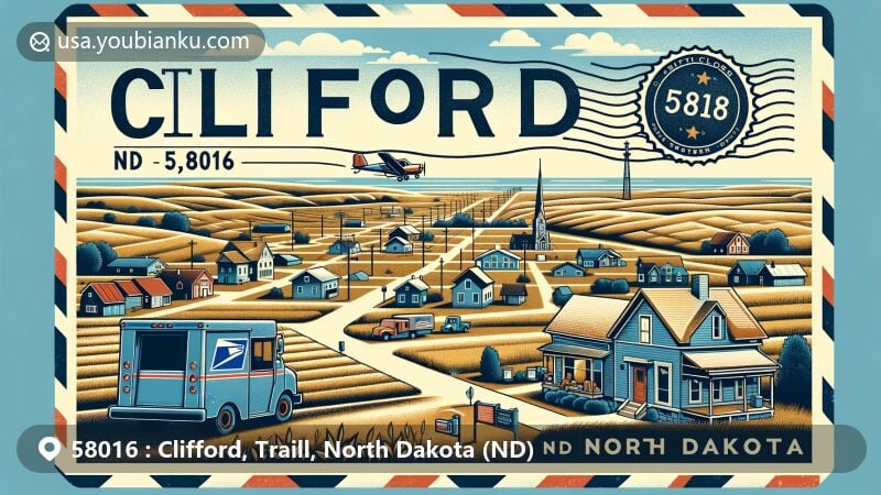Vintage-inspired illustration of Clifford, Traill County, North Dakota, capturing rural landscape and small-town charm with post office and Midwestern houses, symbolizing community spirit.