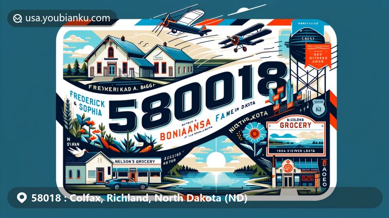 Modern illustration of Richland County, North Dakota, featuring a creative airmail envelope design with ZIP code 58018, showcasing Frederick A. and Sophia Bagg Bonanza Farm, Nelson's Grocery, and an old post office. Background includes Swan Lake or Silver Lake, highlighting the area's natural beauty and North Dakota state symbols.