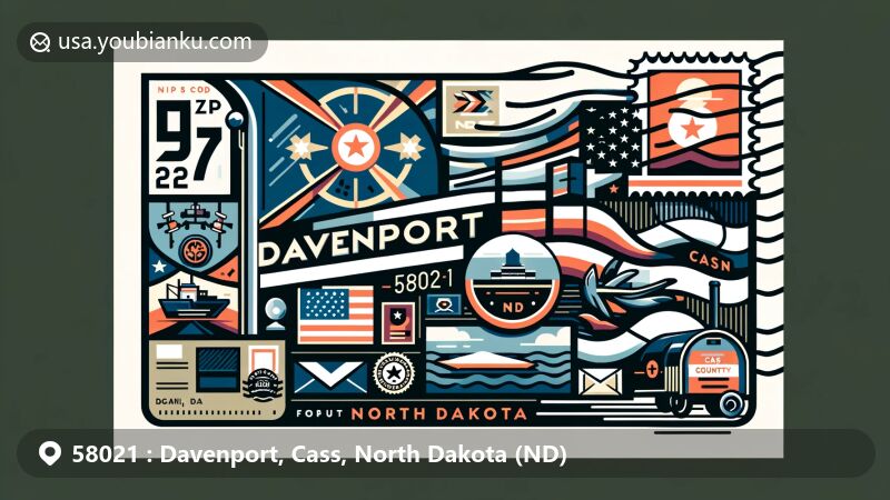 Contemporary postcard illustration of Davenport in Cass County, North Dakota, ZIP code 58021, with North Dakota state flag, Cass County map, and local cultural symbol.