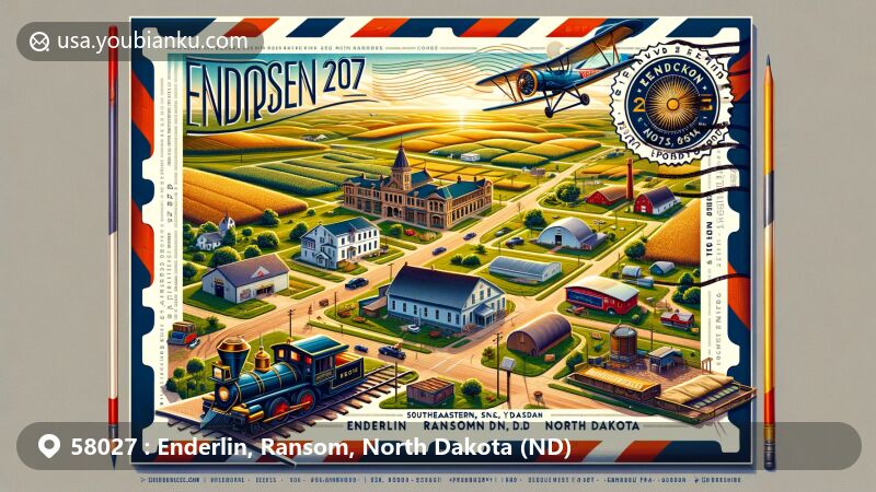 Modern illustration of ZIP code 58027 in Enderlin, Ransom, North Dakota, showcasing rural landscape with rolling hills and farmlands, featuring Enderlin Museum, Hendrickson Field, and elements of North Dakota's agricultural heritage and Soo Line Railroad.