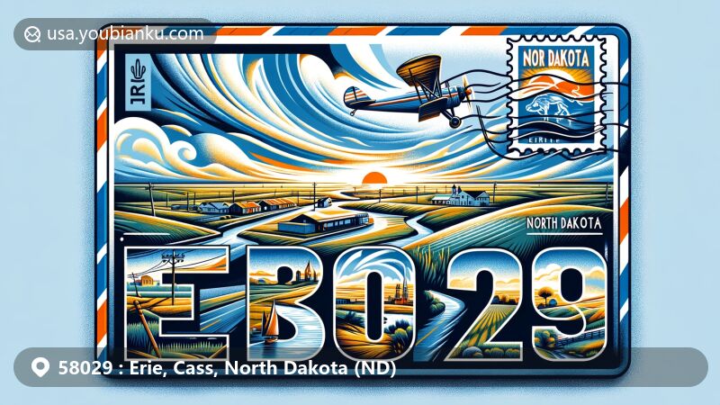 Modern illustration of Erie, Cass County, North Dakota, featuring airmail envelope design and iconic landscape of North Dakota, including vast plains and unique geological features, capturing essence of Erie with subtle local cultural elements.