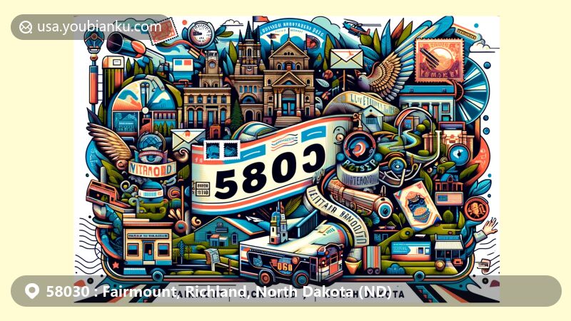 Modern illustration of Fairmount, Richland County, North Dakota, with postal-inspired design featuring ZIP code 58030, local landmarks, and cultural elements.
