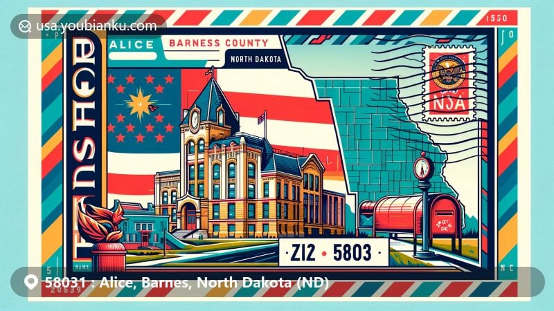 Modern illustration of Alice, Barnes, North Dakota, showcasing postal theme with ZIP code 58031, featuring Barnes County Historical Society and Museum and North Dakota state symbols.