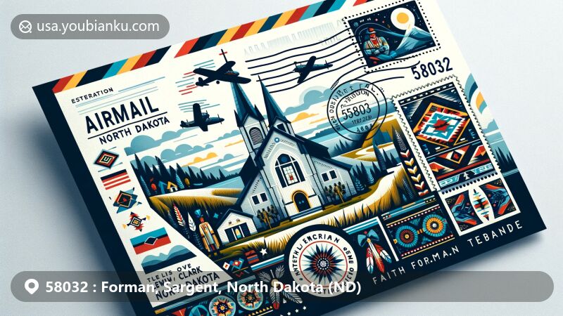 Modern illustration of Forman, North Dakota, with airmail envelope, church, museum, Native American culture, and Lewis and Clark expedition elements.
