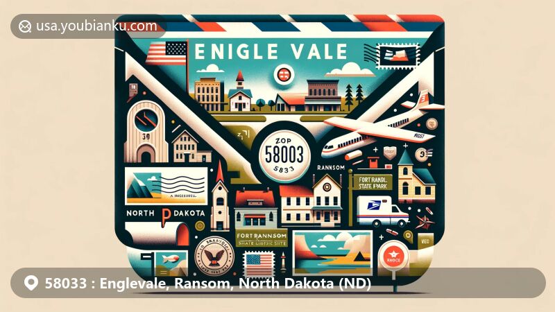 Modern illustration of Englevale, Ransom, North Dakota, featuring airmail envelope design with Fort Ransom State Historic Site, Fort Ransom State Park, and North Dakota state flag.