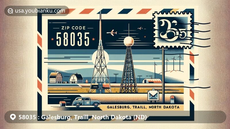 Modern illustration of Galesburg, Traill area, North Dakota, capturing postal theme with ZIP code 58035, showcasing the iconic KRDK-TV mast, North Dakota landscape, state flag elements, and postal symbols.