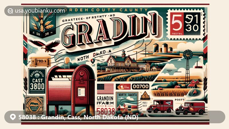 Modern postcard illustration of Grandin, Cass County, North Dakota, capturing the essence of ZIP code 58038 with iconic landmarks like Grandin Farm, North Dakota state flag, and Cass County map outline.