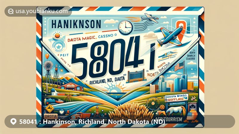 Modern illustration of Hankinson, Richland County, North Dakota, resembling an airmail envelope with ZIP code 58041, featuring local landmarks like Dakota Magic Casino and Dakota Winds Golf Course.