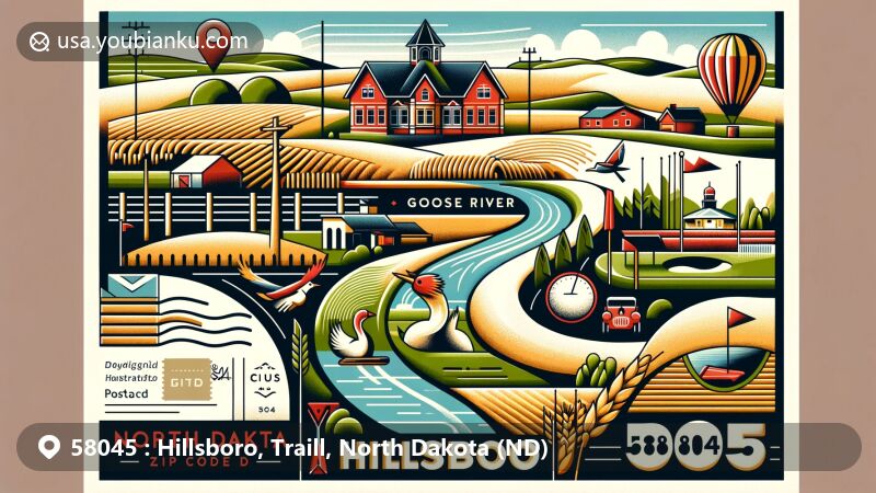 Modern illustration of Hillsboro area in Traill County, North Dakota, ZIP Code 58045, highlighting fertile Red River Valley, Goose River, Plummer House, and Goose River Golf Course.