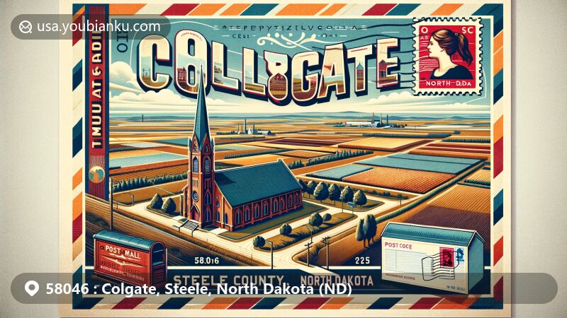 Modern illustration of Colgate, Steele County, North Dakota, portraying vintage postcard and postal theme with ZIP code 58046, showcasing town's landmarks like Colgate Presbyterian Church and old packaging plant.