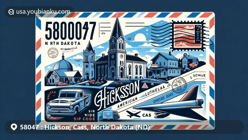 Modern illustration of airmail envelope showcasing Hickson, North Dakota landmarks including American Lutheran Church, Bonanzaville, and Cass County Courthouse, integrated with North Dakota symbols and postal elements.
