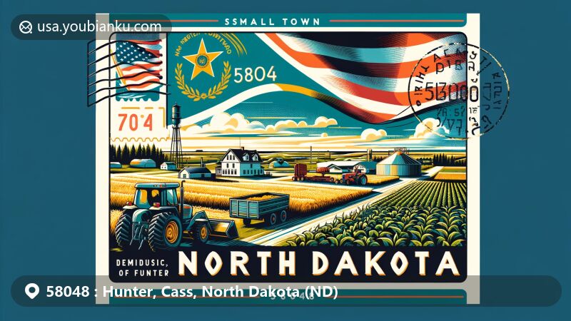 Modern illustration of Hunter, North Dakota, featuring agricultural scenery, ZIP code 58048, and a tractor, with the North Dakota state flag subtly in the background.