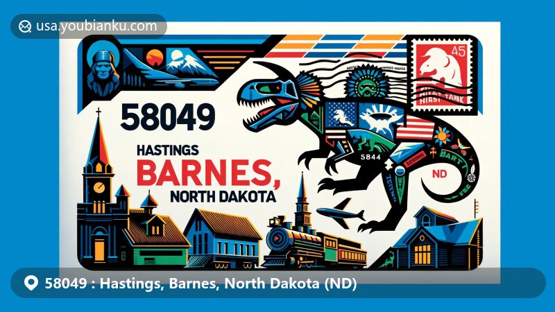 Modern illustration of Hastings, Barnes County, North Dakota, showcasing airmail envelope with ZIP code 58049 and 'Hastings, Barnes, North Dakota (ND)' text, featuring Gundy the Triceratops fossil, Midland Continental Railroad Depot, and Native American symbols.