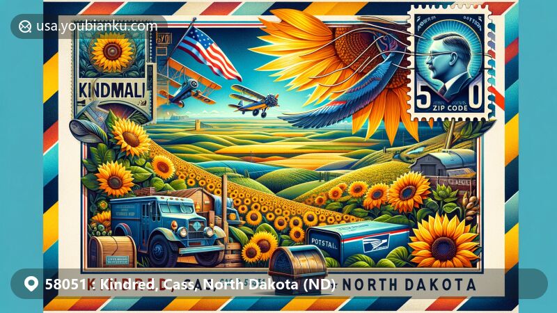 Modern illustration of Kindred, Cass County, North Dakota, with a vintage airmail envelope as the focal point, portraying sunflower fields and Theodore Roosevelt National Park, representing North Dakota's sunflower production and natural beauty.
