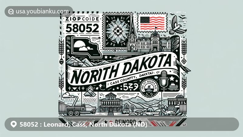 Modern illustration of Leonard, Cass County, North Dakota, in postal theme with ZIP code 58052, featuring North Dakota state flag, Cass County outline, and subtle integration of local landmarks and cultural elements.