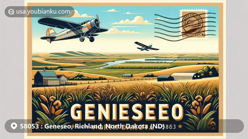 Modern illustration of Geneseo, Richland County, North Dakota, blending agricultural characteristics with natural beauty, featuring postal postcard with ZIP code 58053, set against farmlands, hills, and postal airplane.