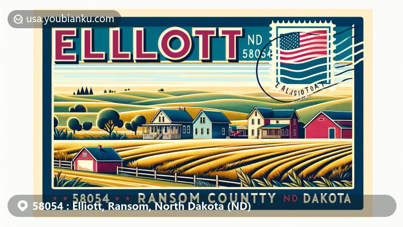 Modern illustration of Elliott, Ransom County, North Dakota, showcasing postal theme with ZIP code 58054, featuring rural landscape and North Dakota state flag.